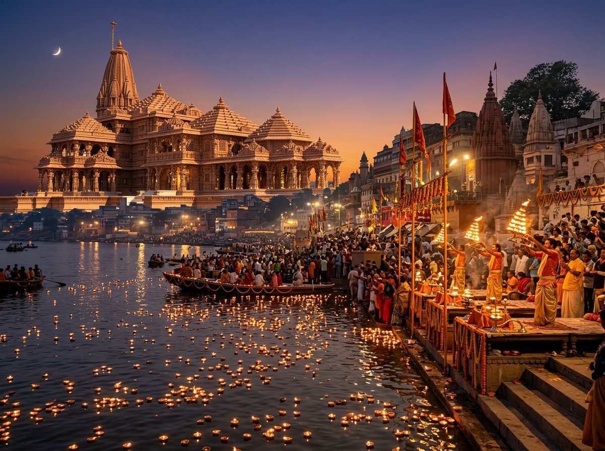 Ayodhya Ram Mandir and Varanasi Ganga Aarti ghats with floating diyas